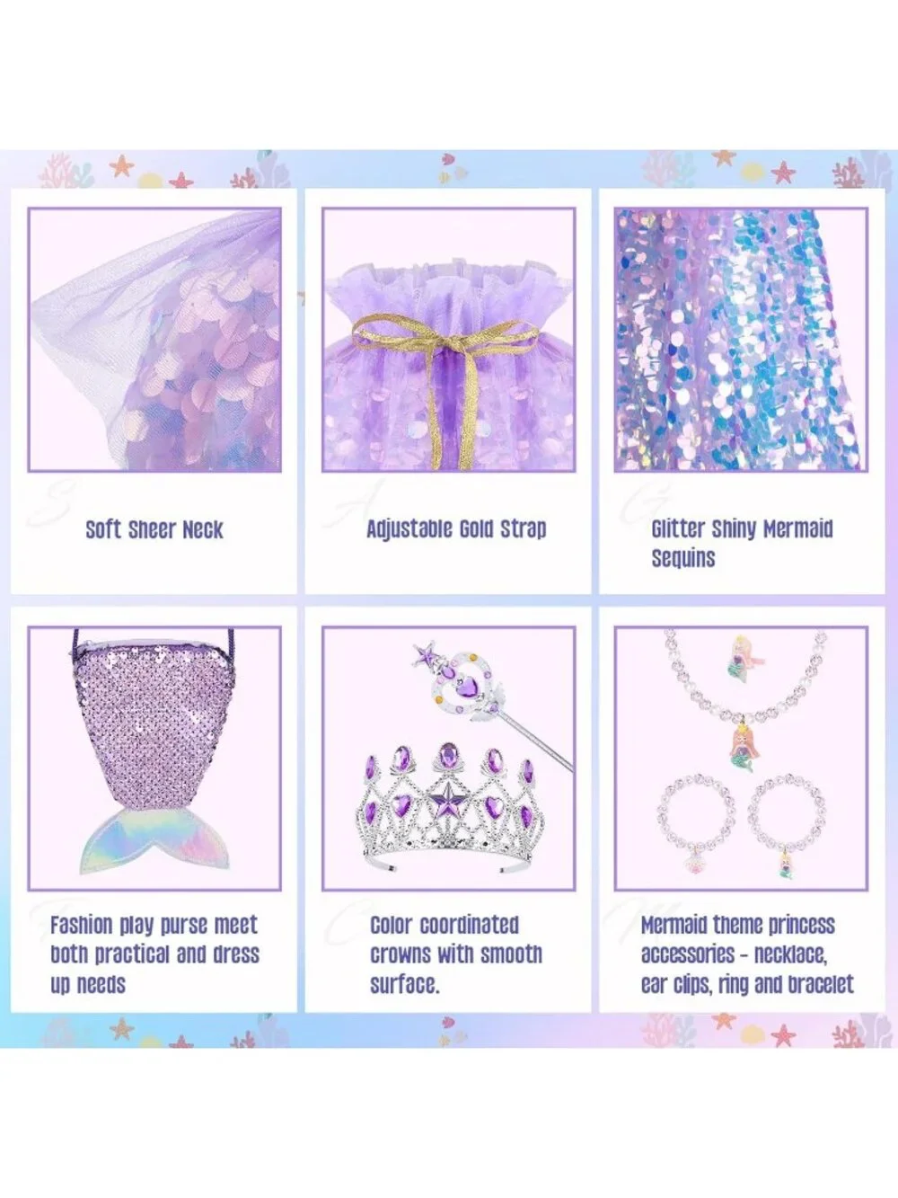 Mermaid Princess Dress Up Cape with Crown Costume Set for Girls -Purple